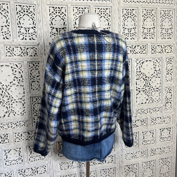 Paul Harris Design Plaid Blue Mohair Blend Fuzzy Grandpa Sweater Sz XL - Picture 6 of 7